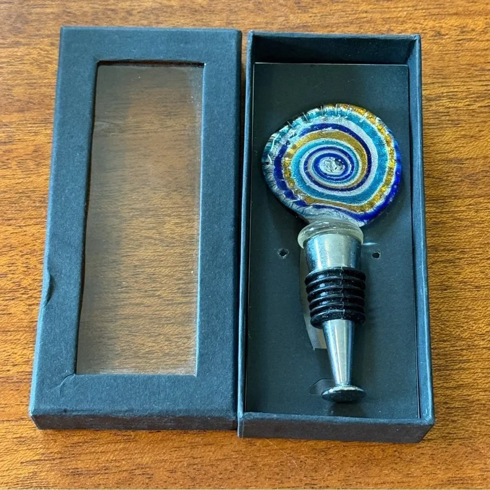 NIB Dennis East Wine Bottle Stopper Glass Colbalt Blue Gold and Turquoise